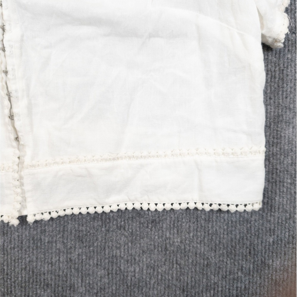 Crop Top Linen Blend Shirt Women 12 White Pompom Trim Festival Boho Cottagecore - Picture 7 of 11